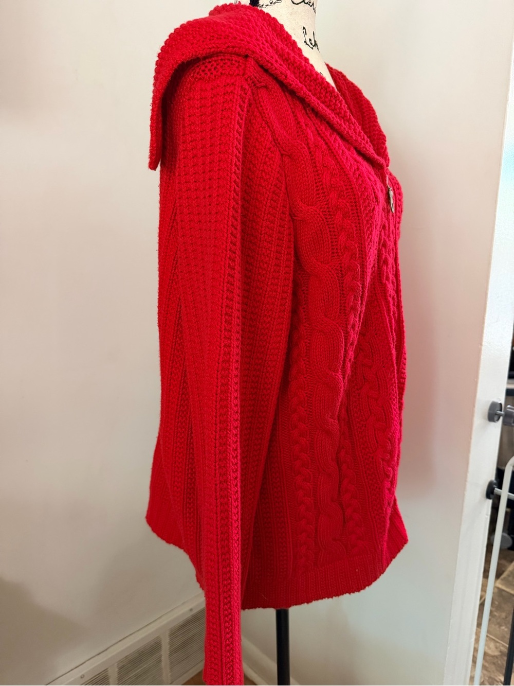 Christopher & Banks XL Red Cable Knit Full Zip Cotton Cardigan Sweater Fisherman - Picture 4 of 9